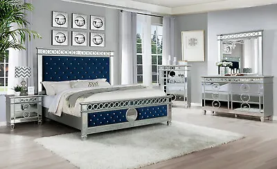 NEW Modern 5PC Blue Velvet Mirrored Queen King Bedroom Set Furniture B/D/M/N/C • $2199.99