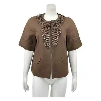Vintage Milly Of New York Womens Ring Embellished Linen Jacket Size 6 Brown USA • $40