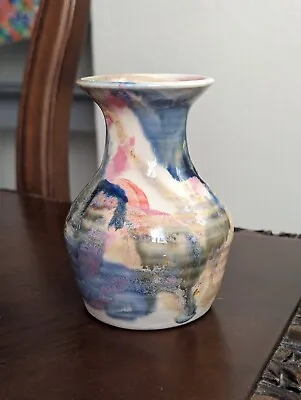 Vintage Studio Art Pottery Bud Vase 4.75” Signed Purple Blue Pink Drip Glaze • $20