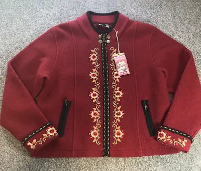 Nordic Design Sweater Women XL Red Vintage Lagenlook Wool Embroidered Floral Zip • $38.88