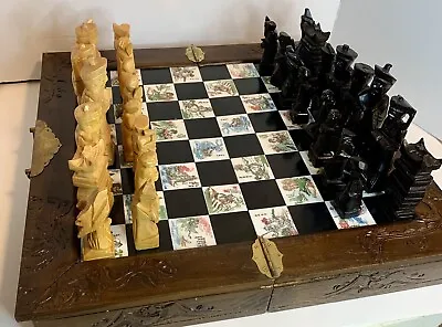 Vintage Asian Chinese Chess Board Set Hand Carved Wood Chest Folding 18in X 18in • $90