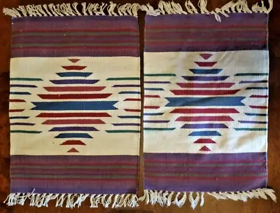 Vintage Woven Mexican / Southwest Placemats Set Of 2 Multicolor Fringe 18  X 14  • $9.48