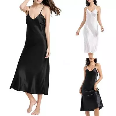 Womens Slip Lace Satin Silk Long Nightdress Sexy Lingerie Sleepwear Cami Dress • £8.59