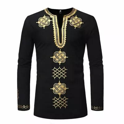 Men's African Traditional Dashiki Luxury Metallic Gold Printed Long Sleeve Shirt • £32.56