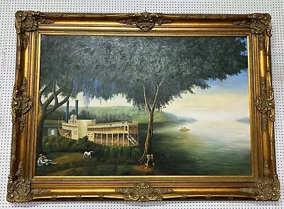 Beautiful Large 7 Ft Oil Painting Mississippi River Boat Carved Gold Wood Frame • $4995