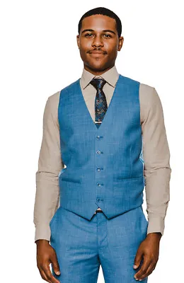 ÃZARMAN Men's BLUE Slim Fit Dress Vest V Neck Collar 5 Buttons Windowpane 16308 • $29.95