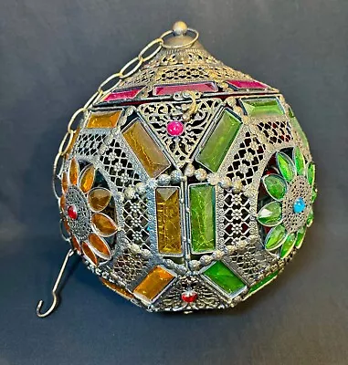 Large Turkish Moroccan Mosaic Glass Hanging Candle Holder Lantern Lamp 15 X13  • $99.99