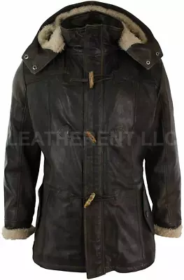 Mens Brown Duffle Over Coat Trench Hooded Long Genuine Sheepskin Leather Jacket • $206.99