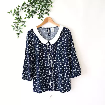 $12.99 • Buy Disney LC Lauren Conrad Blue Daisy Print 3/4 Sleeve Peter Pan Collar Top Size S