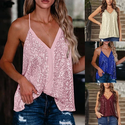£3.90 • Buy Ladies V-Neck Party Sequin Strap Loose Casual Sleeveless Tank Tops Halter Vest