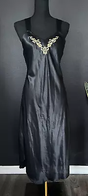 Vintage 80s Val Mode Lingerie Satin Midi Length Nightgown Slip Black Small • $26.98