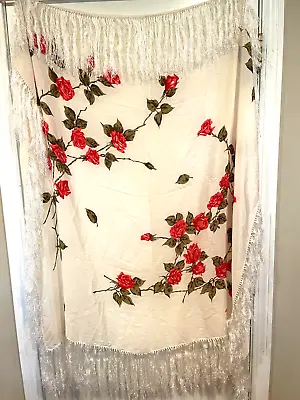 Vintage Bermel Rose Fringe Silk Scarf Shawl  - Free Ship • $37.50