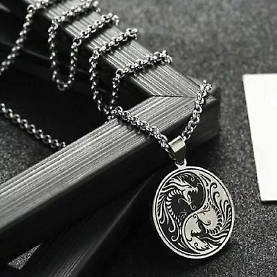 Mens Stainless Steel Protection Amulet Dragon Yin Ying Yang Pendant Necklace Men • £7.78