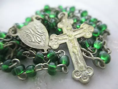 Vintage Antique Child's Baby Rosary Necklace Tiny Green Glass Beads • $19.99