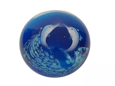 Round Murano Type Blue Ocean Dolphins Heavy Unbranded Paper Weight Great Shape • $17