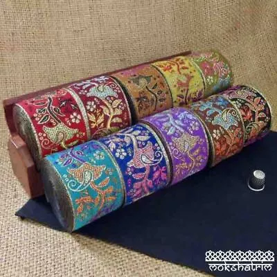 £3 • Buy Indian Traditional Floral Multicoloured Metallic Gold Jacquard Ribbon MA1929
