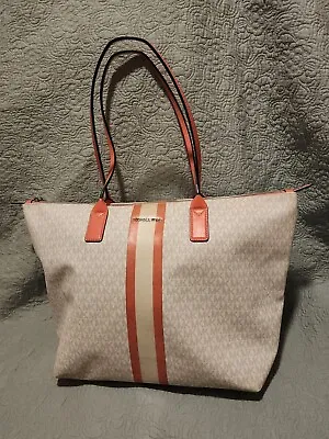 Michael Kors  Travel Tote Large - White Signature Canvas/Grapefruit Accents • $65