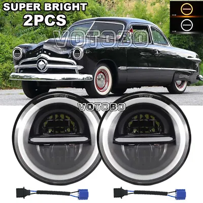 Pair 7  Inch Round LED Headlights Hi/Lo Beam Halo DRL For Ford Custom 1949-1957 • $119.99