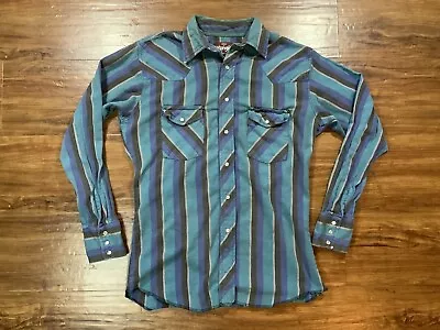 VTG Wrangler Pearl Snap Striped Mens Size 15-15.5 Medium Shirt Western Blue 90’s • $16