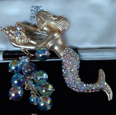 Large Vintage Art Deco Inspired Mermaid Brooch Pin Iridescent Rhinestone Beads • $12.37