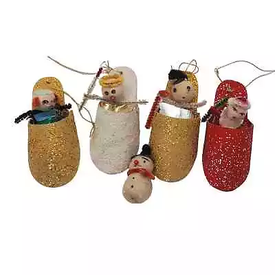 4 Vtg Spun Cotton Face Santa Snowman In Slipper Christmas Ornaments Japan • $22.12