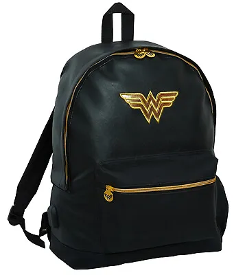 Wonder Woman Backpack Kids Bag Adults Large A4 Black Faux Leather Rucksack + USB • £14.99