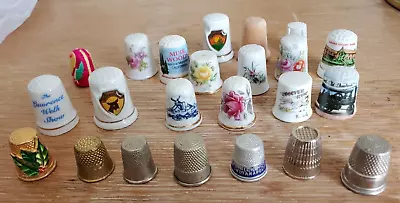 VINTAGE Assorted Thimbles Porcelain Ceramic Wood Metal Travel Souvenir Lot Of 22 • $19