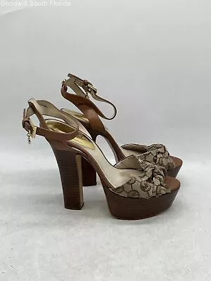 Michael Kors Womens Tan Brown Printed Leather Block Ankle Strap Sandals Size 7 M • $17.99