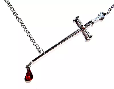 BLOODY SWORD NECKLACE Silver-tone Dagger Blade Red Blood Drop Pendant Gothic 6W • $8.99