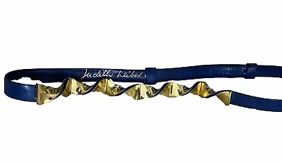 Vintage Judith Leiber  Blue Leather / Ornate Gold Buckle Belt 24-35 Adjustable • $39.95