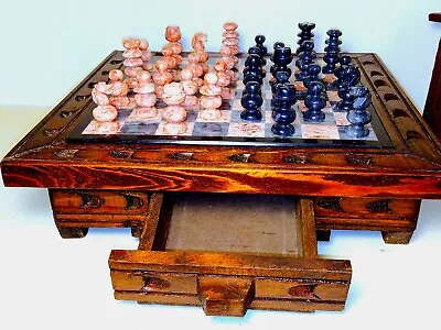 Hand Carved Wood Marble Chess Board Set W/ Drawers Pink Black Onyx Chess Pieces • $99