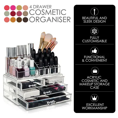 Cosmetic Organiser 4 Drawers Clear Acrylic Jewellery Box Makeup Storage Case • £12.94