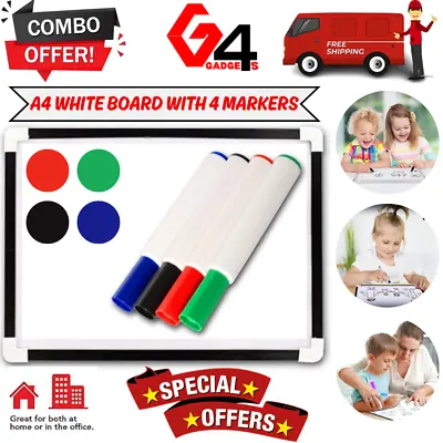 A4 Magnetic Fridge Whiteboard Dry Wipe Eraser & 4x Markers Magnet Notice Planner • £6.99