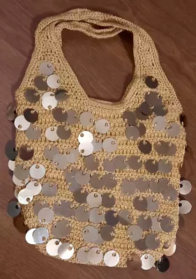 Gold Sequin Crochet Knit Small Handbag Hobo Bag Purse Lined Double Handles • $10