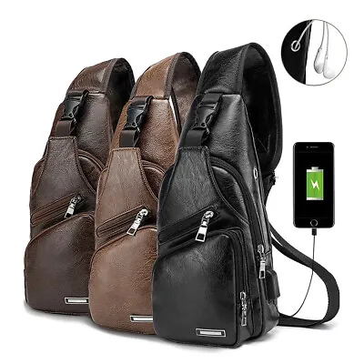 $8.59 • Buy Men Leather Sling Bag Chest Shoulder Crossbody Backpack USB Charging Port Travel