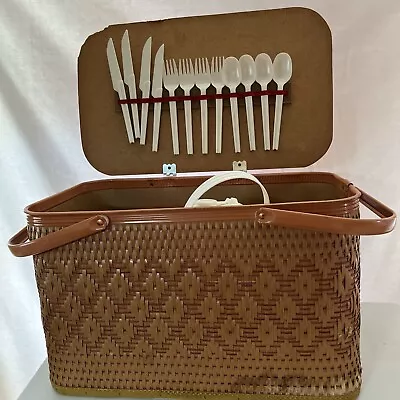 Vintage 70s Woven Picnic Basket Complete Set W/ Plates Cups Plastic Forks Thermo • $59.90