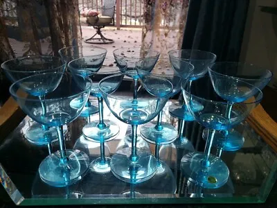 RARE Set (10) Tall Sherbet Champagne Glasses Seneca Silhouette Peacock Blue Aqua • $198.95