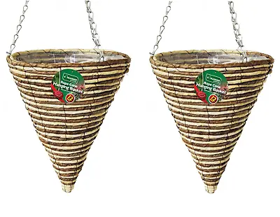 2 X 12″ Wicker Willow Rope Cone Hanging Basket Flower Planter & Chain HB12RRC • £14.99