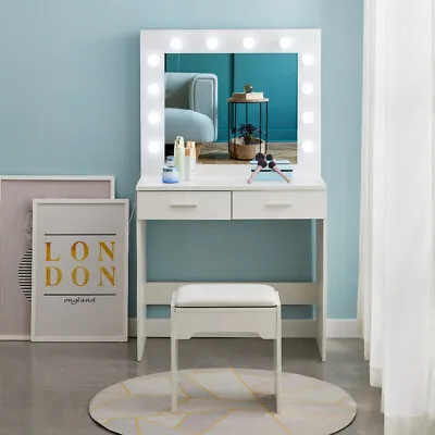 White Modern Dressing Table With LED Lights Mirror Vanity Make Up Desk Stool Set • £95.99