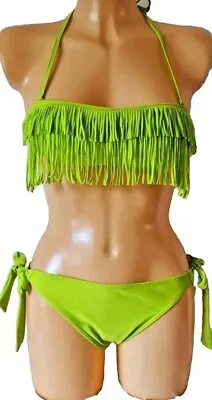 Womens Bikini Lime Green Fringe Tassel Padded Bandeau Hipster Side Tie Uk 10 New • £12.95