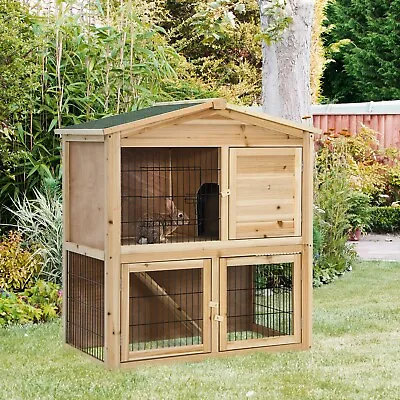 2 Floors Wood Chicken Coop Large Bunny Rabbit Cage Indoor Outdoor Pet House Ramp • £99.95