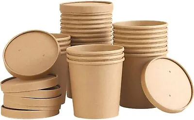 25x Biodegradable Disposable Kraft Carton Soup Ice Cream Cup Container Lid • £9.99