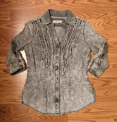 Decree Gray Acid Wash Button Down Cotton Jean Shirt Sz Medium 3/4 Sleeve • £12.63