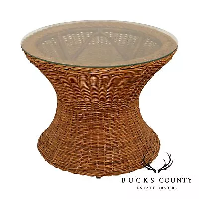 Mid Century Round Glass Top Wicker Side Table • $495