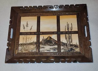 Wood Carved Hand Painted Southwestern Mexican Style Tile Serving Tray Signed  • $40