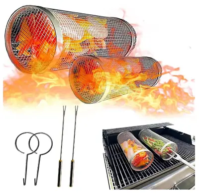 BBQ Round Basket Rolling Grilling Portable Stainless Steel Grill Fish Meat 2 Pcs • $16.59