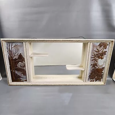 Vintage Shadow Box Mid Century Hanging Wood Mirror Two Shelf White Gold 43 3/4  • $99.99