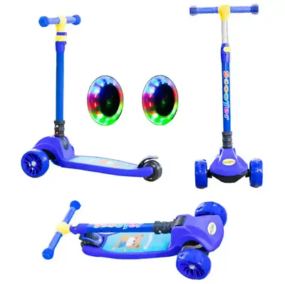 Kids Scooter Blue LED Light Flashing Foldable 3 Wheels Kick Push Aluminum T Bar  • $49.99