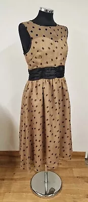 Lindy Bop Polka Dot Dress Sz 14 Beige Black Chiffon Spotty Midi Camel Fit Flare  • £16.95