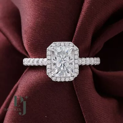 Moissanite Halo Engagement Ring Solid 14K White Gold 2.50 Carat Radiant Cut VVS1 • $226.20